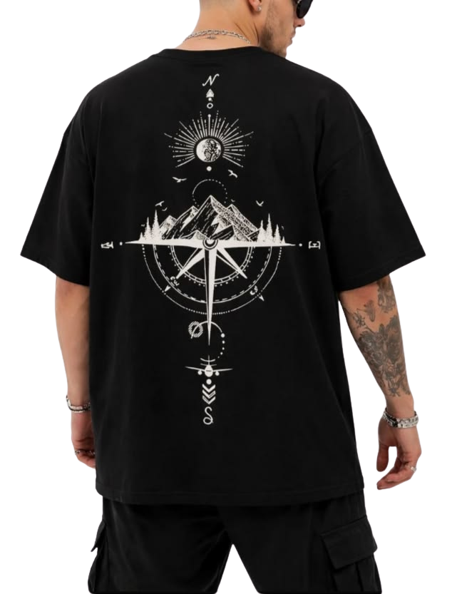 Compass Mountain Back Print Minimal T-Shirt