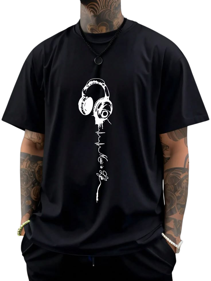 Music Headphones Line Art Black T-Shirt